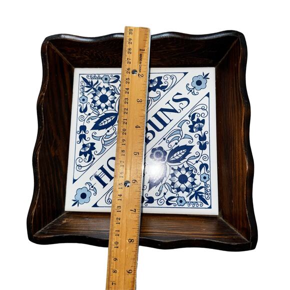 Vintage Blue & White “Hot Buns” Tile Trivet with Wood Frame Kitchen Decor - Picture 11 of 11